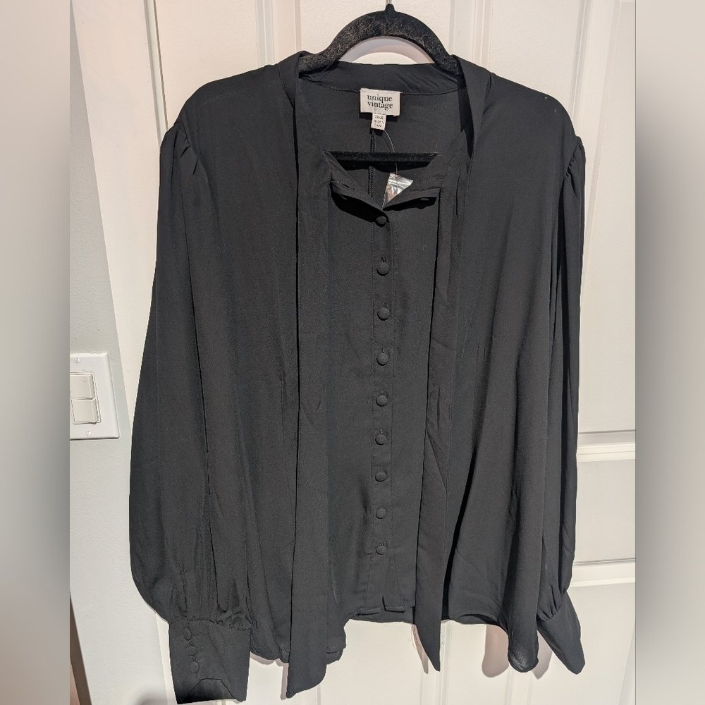 Unique Vintage black Gwen tie neck blouse retro 3x pinup 50s 60s
